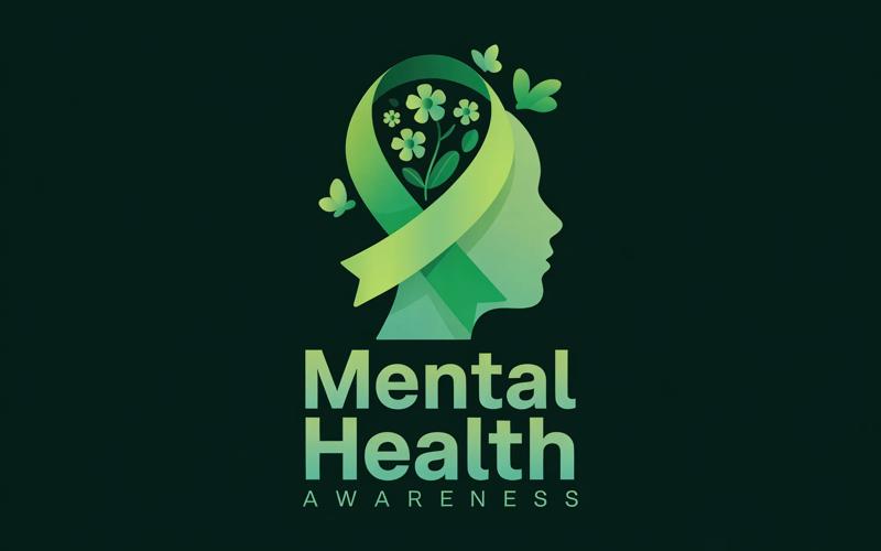 Green ribbon and silhouette symbolize mental health awareness with flowers and butterflies.