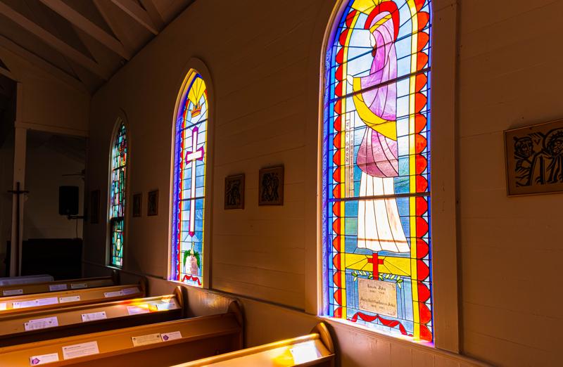 Stained Glass Windows and Interior of St. Augustine Episcopal Church, Kapauu, Hawaii Island, Hawaii, USA