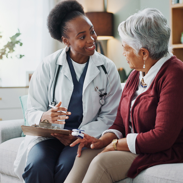 Doctor, mature patient or paper in consultation, advice or trust as electronic medical record. Female physician, older woman or tech to support, help or discuss in professional health clinic